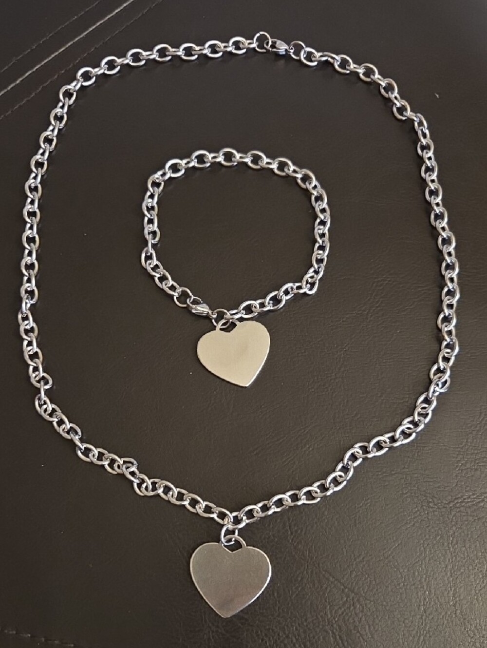 Silvertone Heart Pendant Bracelet And Necklace Set